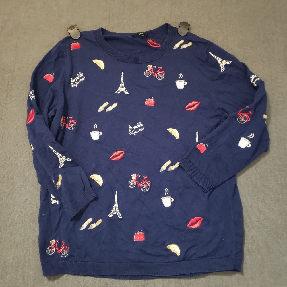 Talbots Sweater Womens Medium‎ P Navy Paris Eiffel Tower Embroidered Pullover